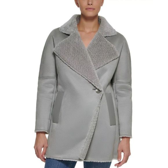 Calvin Klein Women's Faux Fur Long Sleeve Shearling Coat Gray - Picture 9 of 12